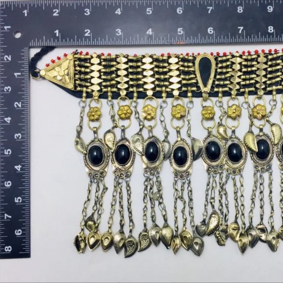 Tribal Choker Necklace With Dangling Tassels and Black Stones, Handmade Choker - Picture 10 of 11